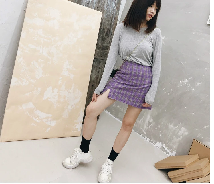 Новинка, женские шорты Harajuku в Корейском стиле, повседневные фиолетовые/зеленые Облегающие юбки с разрезом сбоку,, мини-юбка в клетку с высокой талией для женщин