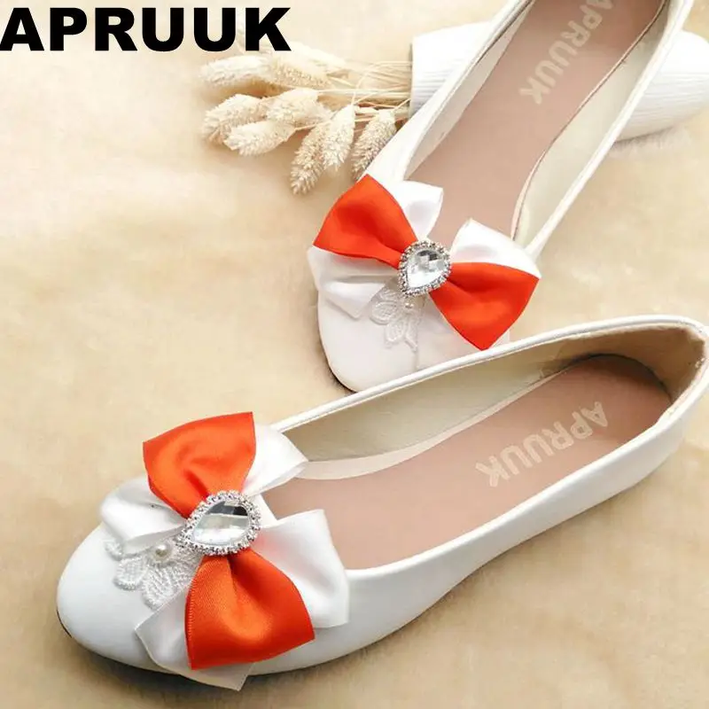 

Orange bow flat heel wedding shoes women round toes slip on sweet handmade bowtie lace pearls bridal shoes on sales