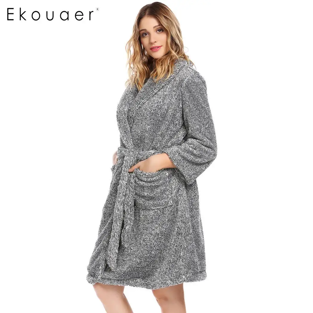 Ekouaer/Зимний женский плюшевый банный халат кимоно с длинным рукавом шаль воротник