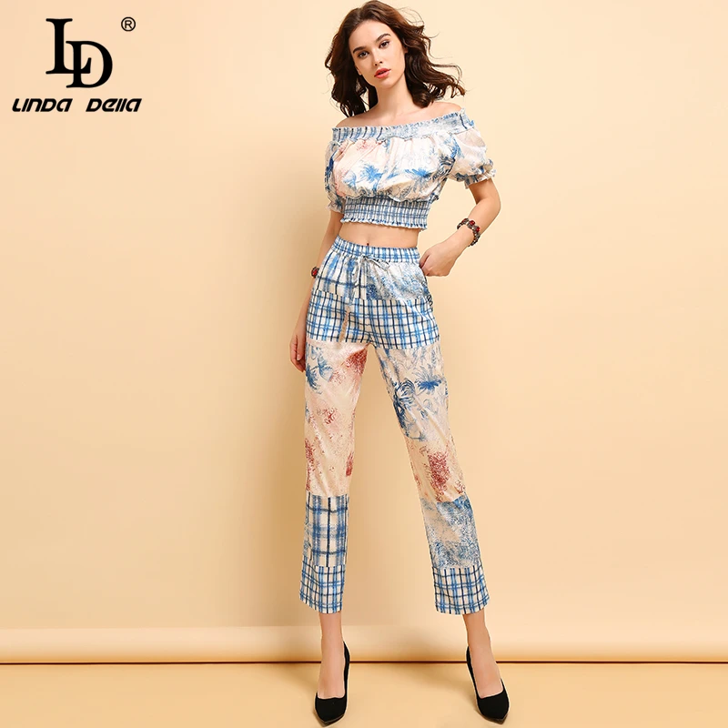 LD LINDA DELLA Fashion Summer Suits Women's Casual lantern Sleeve Elastica Tops+Elegant Floral Printed Long Pants 2 Pieces Set