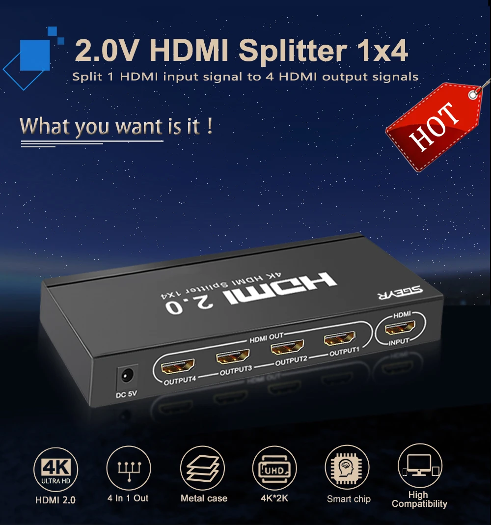 Со сверхвысоким разрешением Ultra HD, 4K HDMI сплиттер 1X4 Порты и разъёмы 3D UHD 4K x 2K видео разветвитель HDMI 1 Вход 4 Выход концентратор с EDID HDMI2.0 HDCP2.2