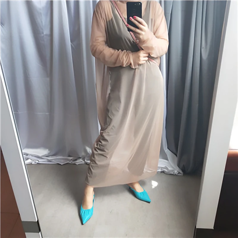 [EAM] New Autumn Winter High Collar Long Sleeve Black Mesh Perspective Colorful Long Big Size Dress Women Fashion JU790