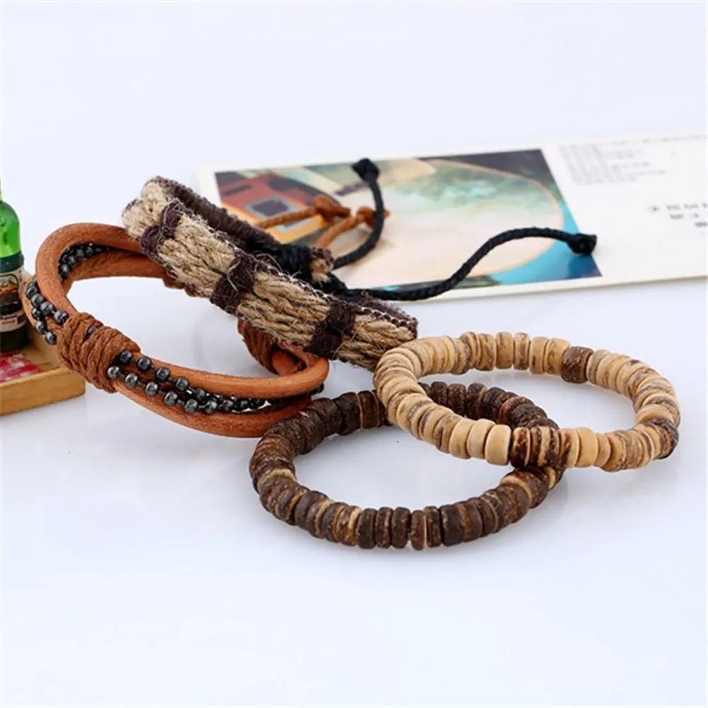 Женский тканый браслет в стиле ретро Кокосовая оболочка кожаный из пеньковой