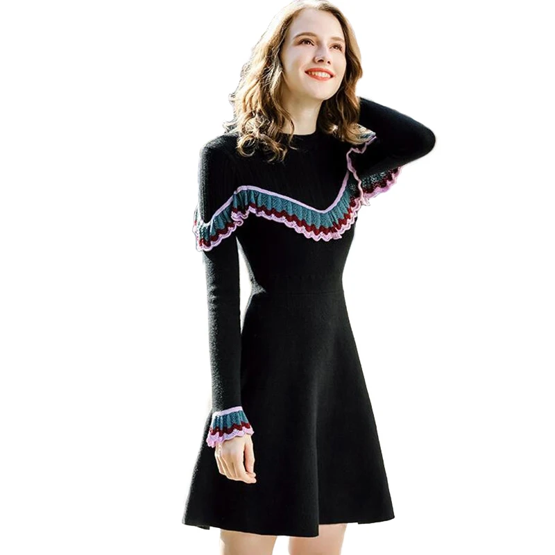 Женское трикотажное платье с рюшами длинным рукавом|Женские платья| |