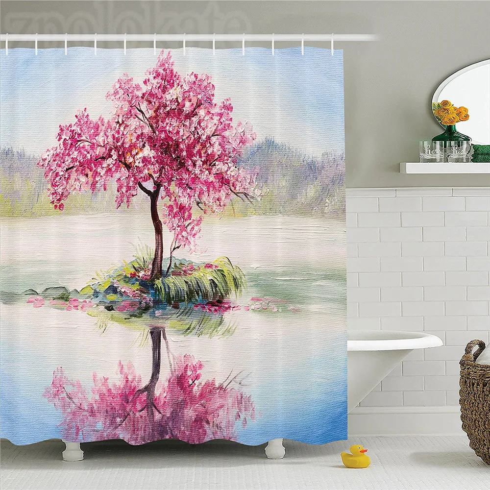 Кантри Декор душевая занавеска в комплекте изображение цветущего японского