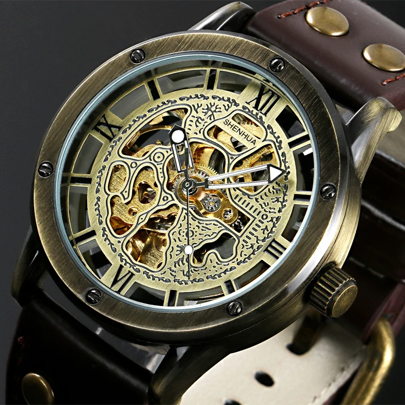 Vintage Bronze Men's Skeleton Watches Clock Male Leather Strap Antique Steampunk Casual Automatic Mechanical Wristwatch | Наручные