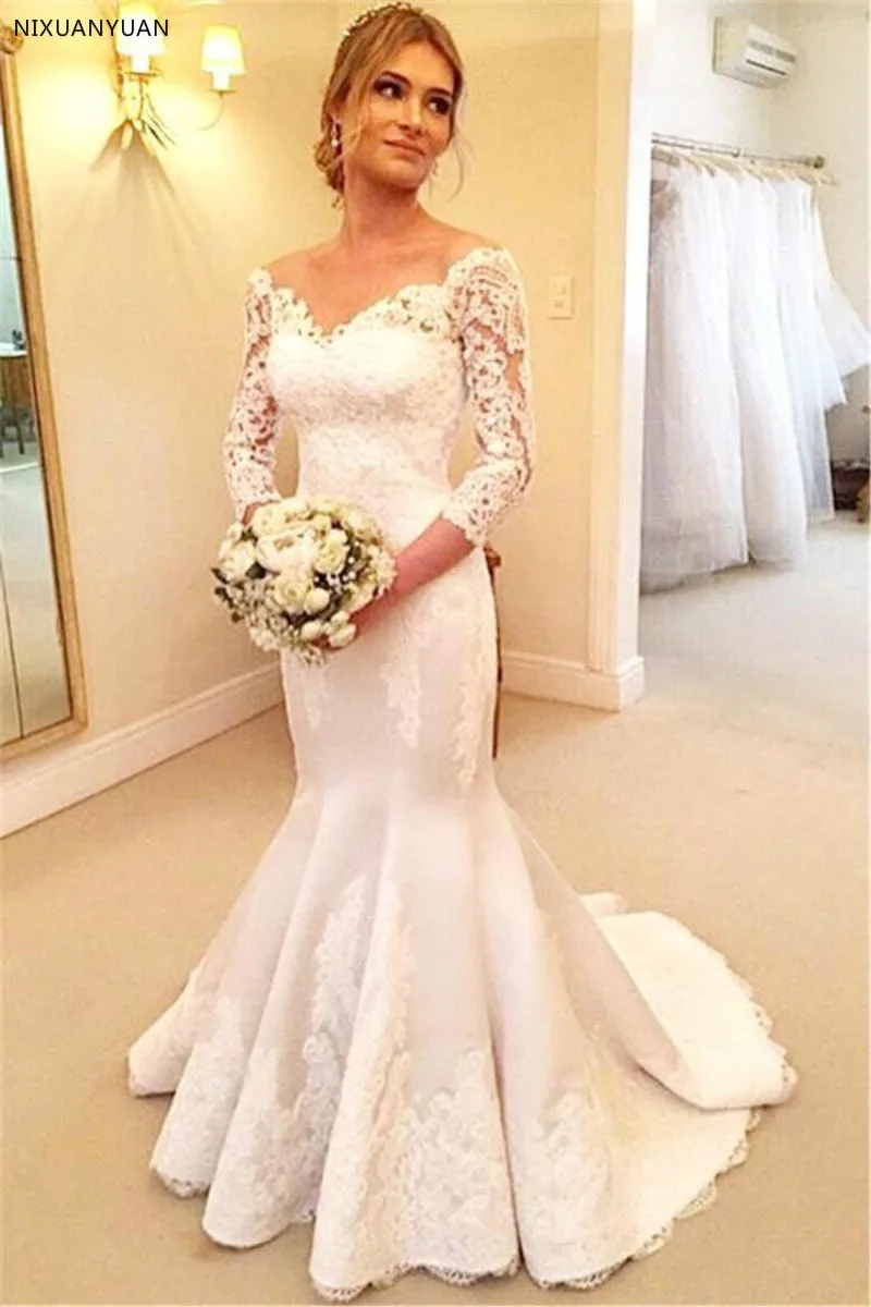 

Wedding Dress Off Shoulder Wedding Grown Mermaid Vestido De Noiva 4/3 Sleeves Robe De Soiree Plus Size Customise Dress