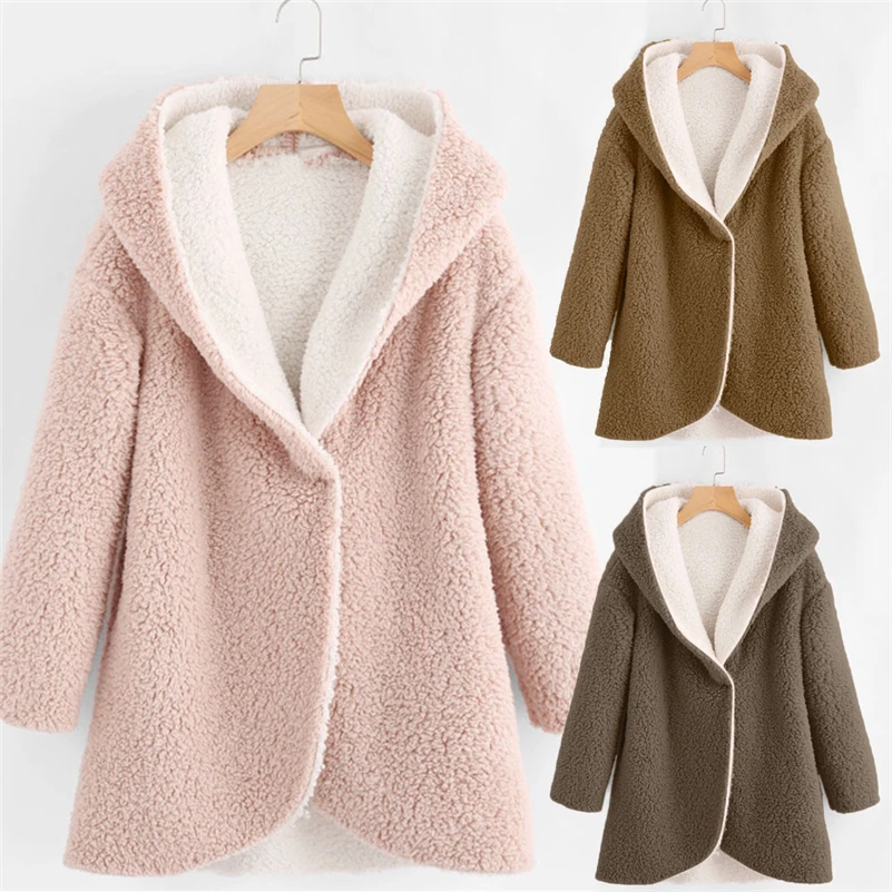 Autumn Winter Faux Fur Jacket Women Solid Fleece Sherpa Hooded Coat Long Sleeve Open Stitch Cardigan Jackets Outwear | Женская одежда