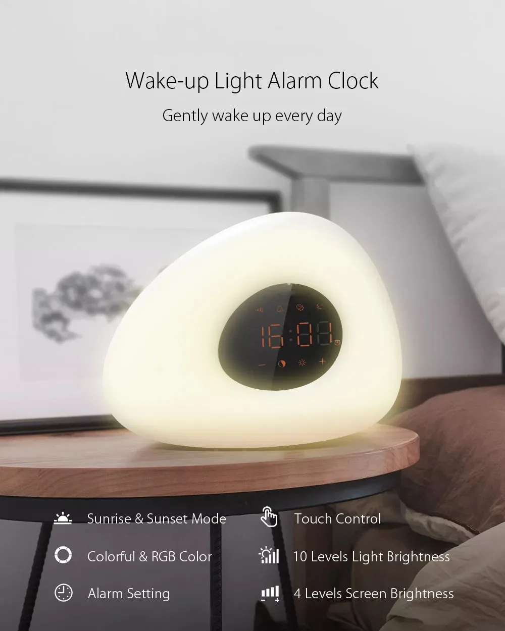 Alarm Clock Wake up Light Sunrise Sunset Simulation with 10 Nature Sounds 7 Colors Light Touch Control RGB Dimmable Night Lamp