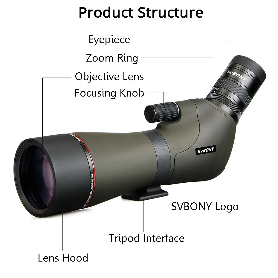 SVBONY 20-60x80 Zoom Зрительная труба с азотным наполнением, водостойкий телескоп, двойной механизм фокусировки, металлический корпус с 5" алюминиевым штативом