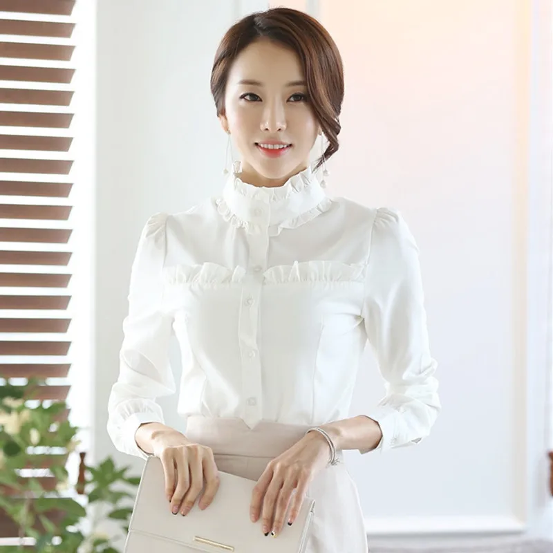 Фото Новая весенняя блузка женские белые рубашки с воротником-стойкой и длинным