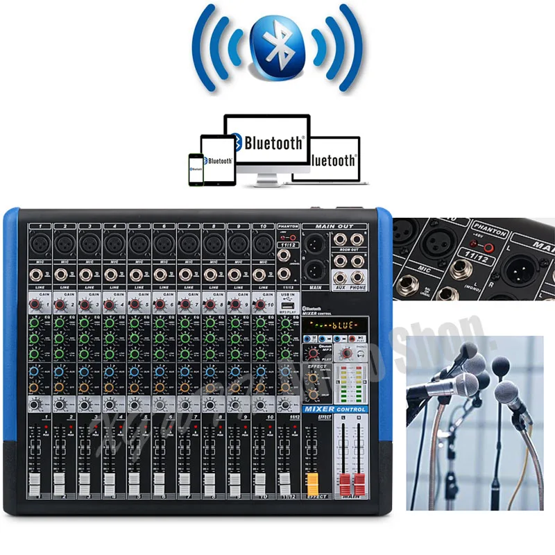 Sound Mixing Console with USB Bluetooth Record +48V Phantom Power Monitor Paths Digital Effect 12 Channel Audio Mixer