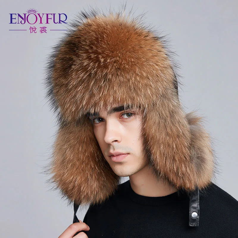 ENJOYFUR зимняя мужская шапка с наушниками из натурального Лисьего меха шапки русская ушанка меховая Защита уха теплая достаточно высокое качество шапка-бомбер - Цвет: H001