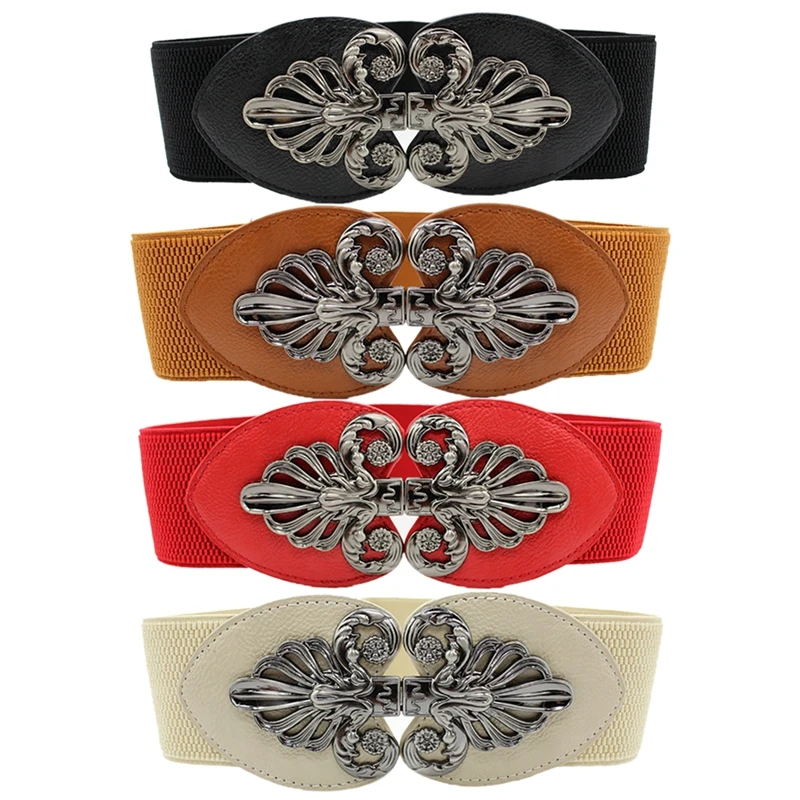 New Vintage Design Belt For Women Diamond Buckle Wide Elastic Stretch Waist Female PU Leather Fashionable | Аксессуары для одежды