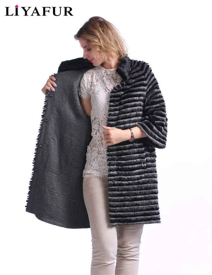 LIYAFUR New Style Real Genuine Mink Fur With Rex Rabbit Stripped Long Coat For Women Natural Cardigan Lining Outerwear|mink fur|genuine minkreal mink