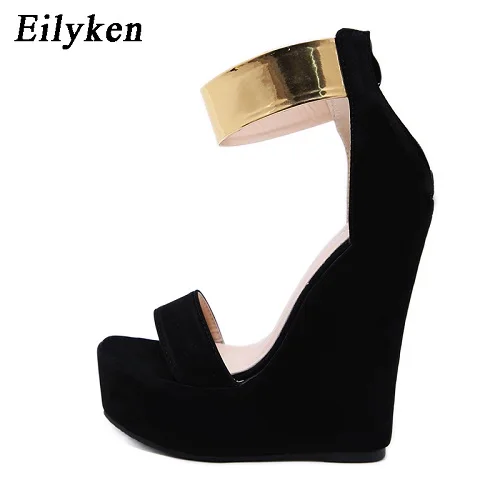 Black Eilyken/ г., летние модные женские босоножки на танкетке на молнии черные сандалии с ремешками на лодыжках для отдыха - Цвет: Black