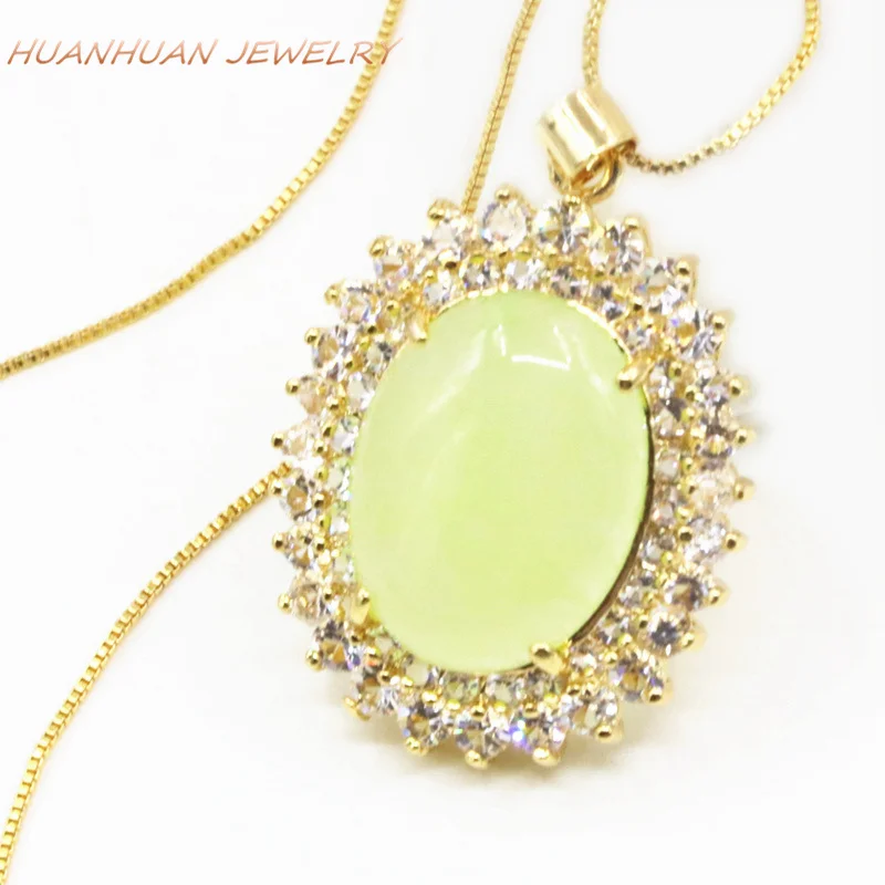 Natural Green Stone Jades Pendant Gold-Color Copper Zircon Chain Necklace For Women 28x37mm Chalcedony Pendants Jewelry B3314 | Украшения и