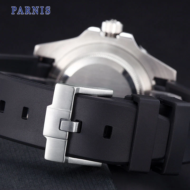 Мужские механические часы Parnis 40 мм 10 бар с черным резиновым ремешком