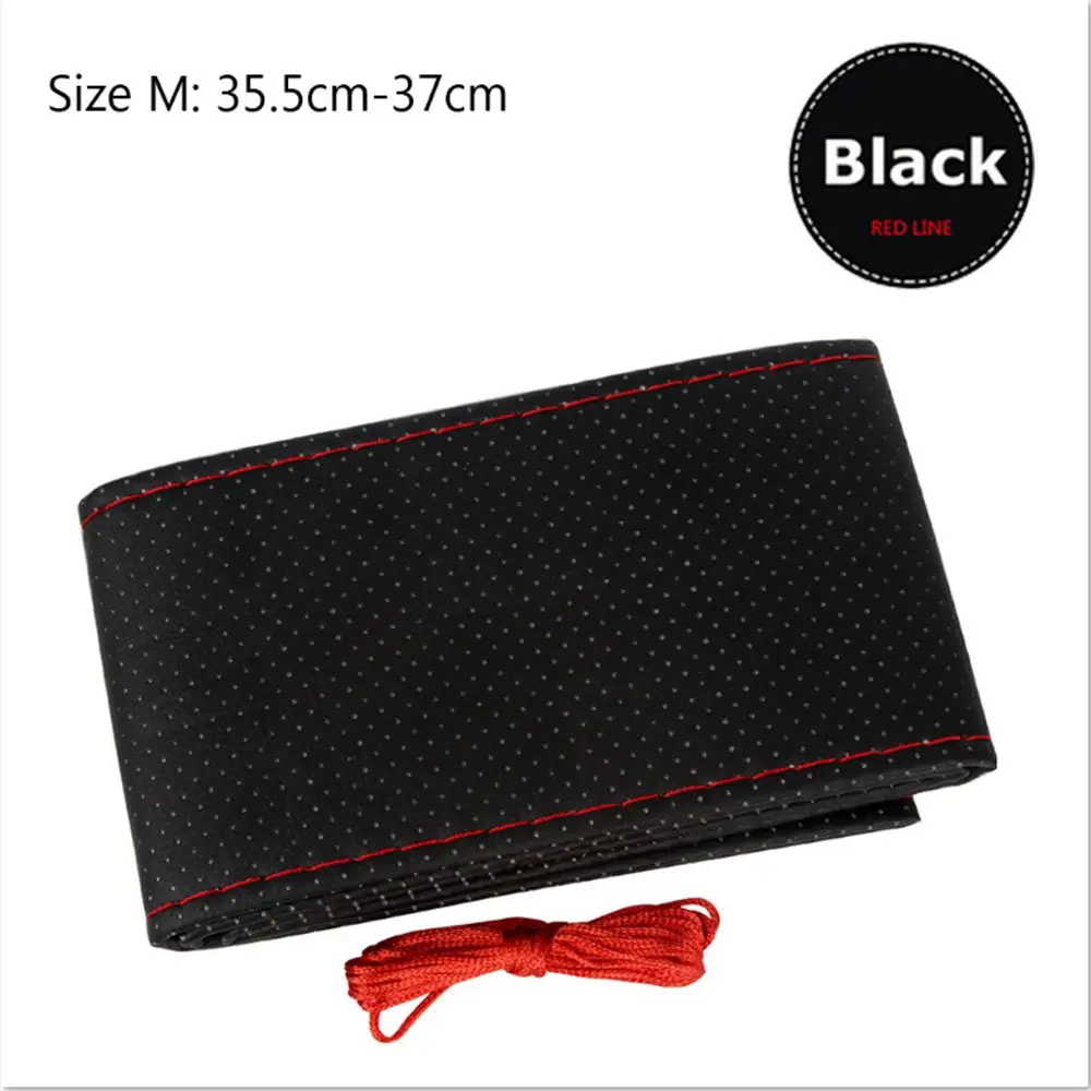 Size M Black Red LEEPEE универсальный из искусственной кожи DIY чехол рулевого колеса автомобиля чехол с иглами и резьбой - Название цвета: Size M Black Red