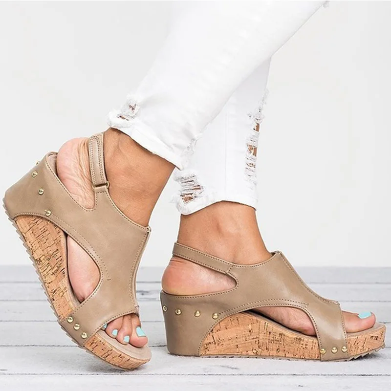 2020 Босоножки на платформе Туфли танкетке Sandalias Mujer Летняя обувь Кожаные