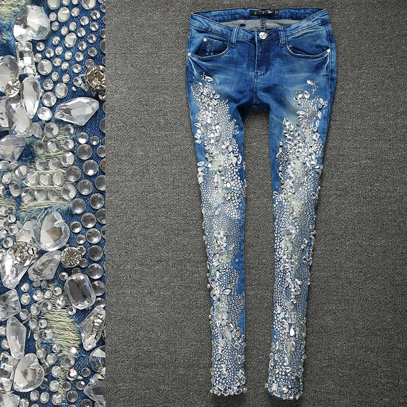 spring autumn fashion Rhinestones Diamond skinny Women Denim Jeans Skinny Slim Stretch Pencil jeans