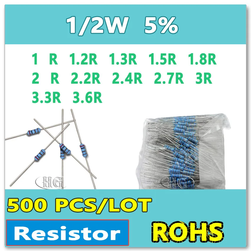 

JASNPROSMA 500PCS/LOT 5% 1/2W 1R 1.2R 1.3R 1.5R 1.8R 2R 2.2R 2.4R 2.7R 3R 3.3R 3.6R carbon film DIP OHM Resistor