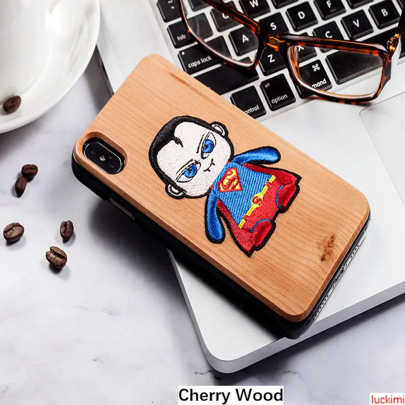 For iphone 6 7 8 6S Plus X Xs Xr Max Superman peach cherry wood Bamboo embroidery Nature Material Phone case cover |