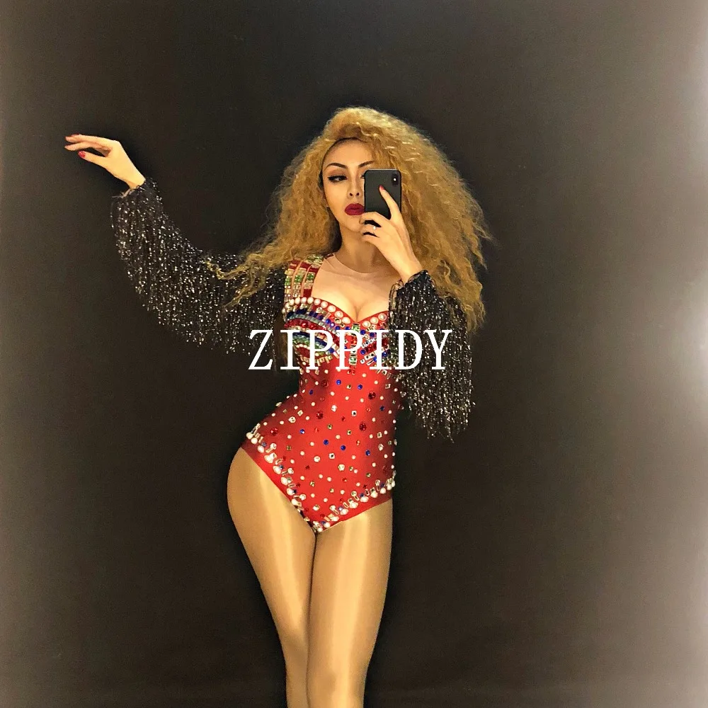 Женское боди с бахромой и разноцветными камнями красное сексуальное женская