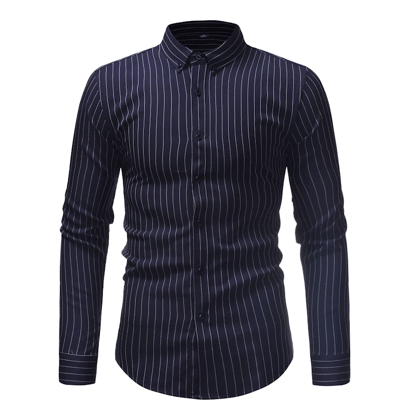 Мужская приталенная рубашка в полоску белая черная синяя серая Повседневная