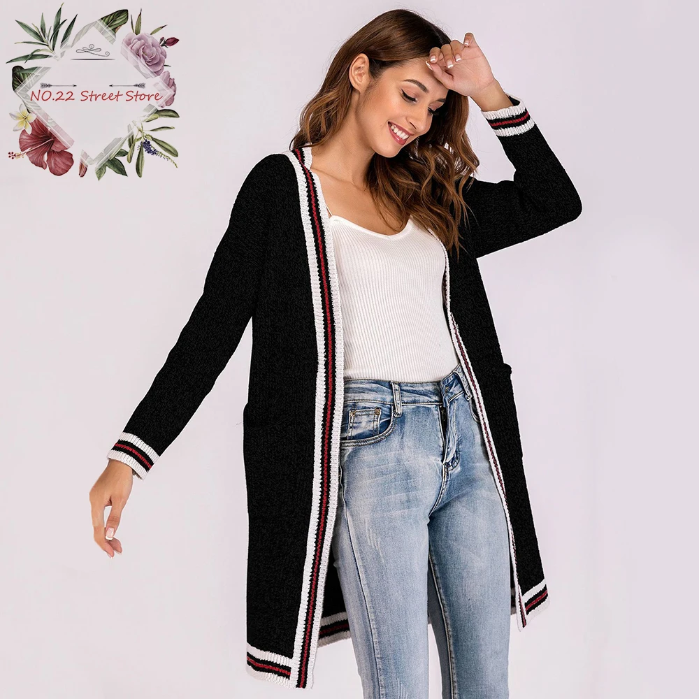2018 Fashion Women Sweater Cardigans New Autumn Spring Long Coat Open Stitch O-Neck Pockets Kinitting Jacket |
