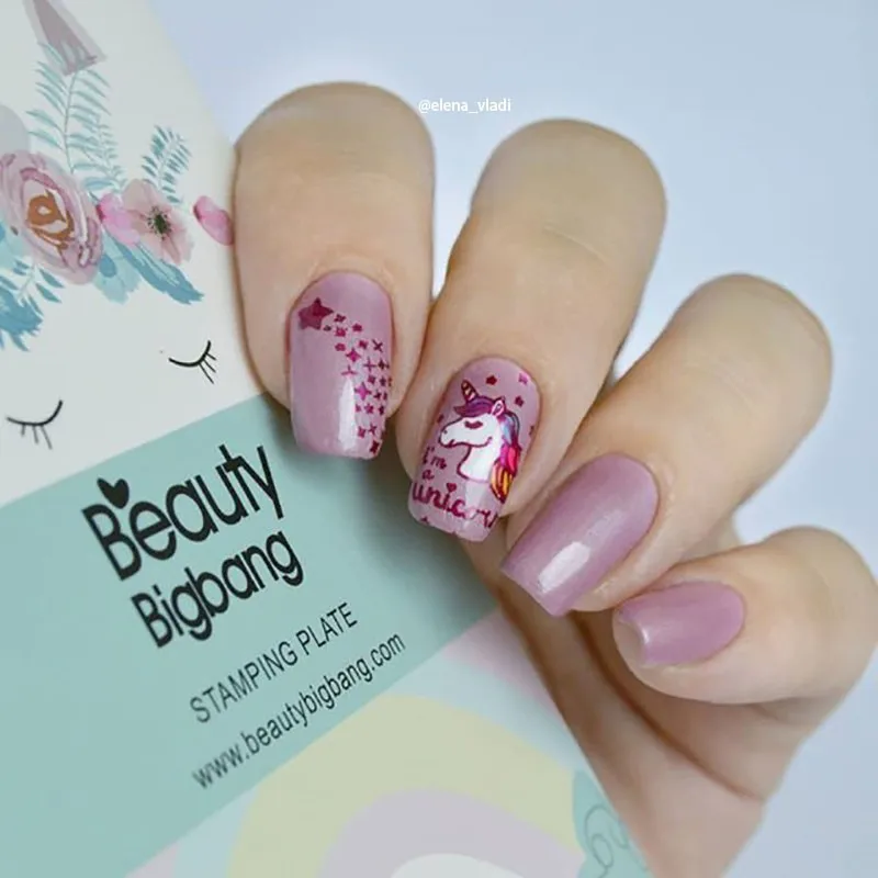BeautyBigBang пластины для стемпинга ногтей прекрасный единорог Радуга облако шаблон пластины прямоугольный трафарет штамп для ногтей BBB XL-007