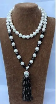 

Details about White sea shell pearls&onyx necklace-zircon pendant free shipping