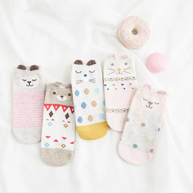 5 пар, новинка, женские хлопковые носки, розовые, милые, носки с котом, короткие носки, красные носки для девочек с сердцем, повседневные, с ушками животных, 35-40 - Цвет: Бежевый