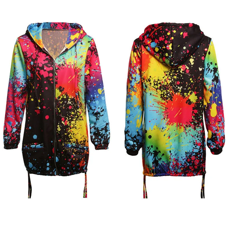 

Fashion Women Graffiti Printed Hooded Jacket Hot Sale Ladies Long Sleeve Autumn Spring Zip Up Coat Jacket Colorful Print Outwear