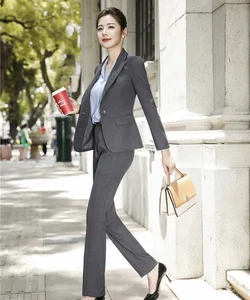 Высококачественные тканевые модные серые блейзеры, женские деловые костюмы с жакетом и брюками, Женская офисная одежда для работы, брючные костюмы, блейзер