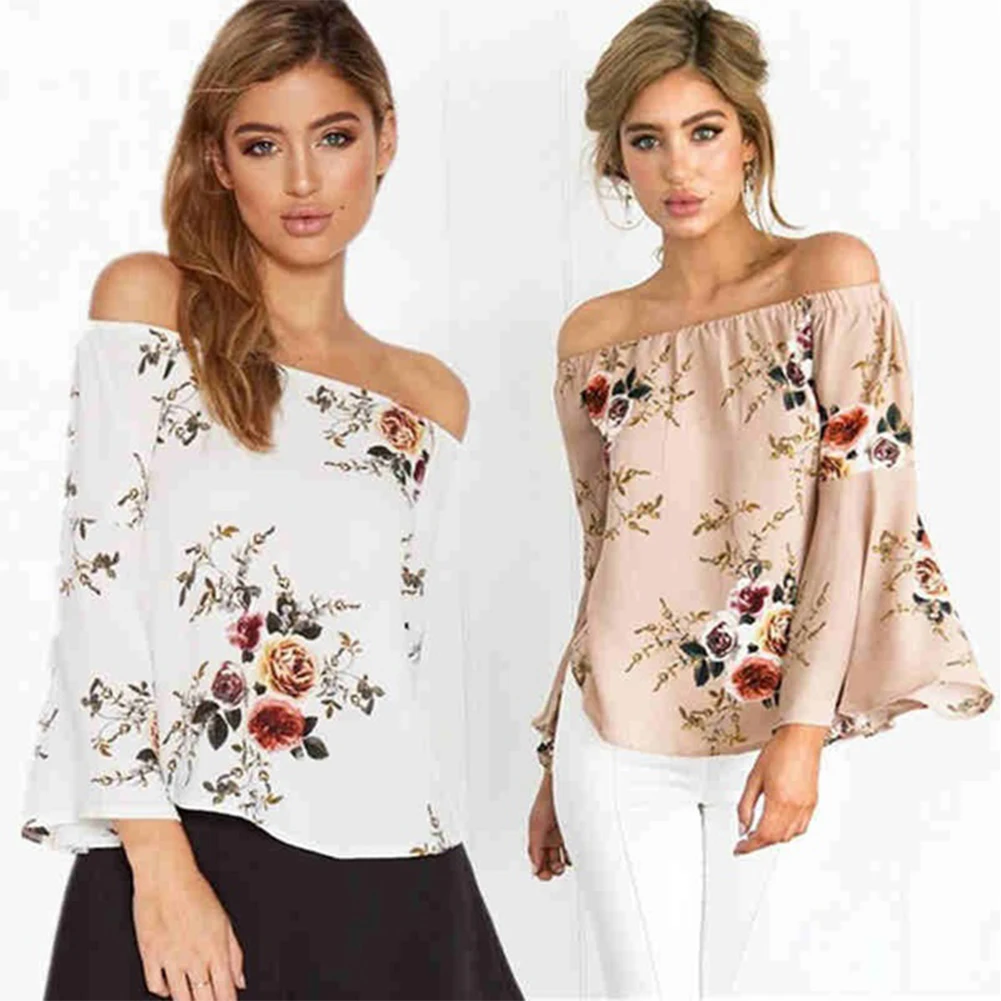 Женская летняя новая стильная с открытыми плечами Цветочная Печать Топы
