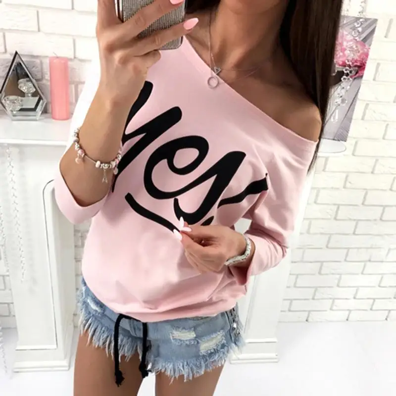 Женская футболка, осенняя, с принтом букв, Blusas, модные, с открытыми плечами, топы, 3/4 рукав, свободная футболка, женская футболка, WS2198C - Цвет: Розовый