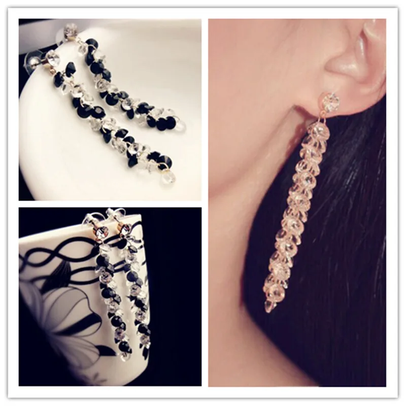 Элегантные стильные черно белые серьги кисточки Ajojewel с кристаллами и бисером