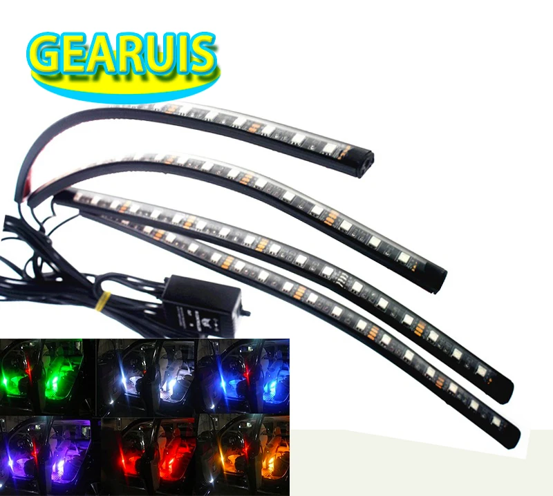 

4pcs/set Voice Control Interior Decorative Atmosphere RGB Car LED Strip Light 12V 5050 18 SMD 1M Color Changing Neon Light Lamp