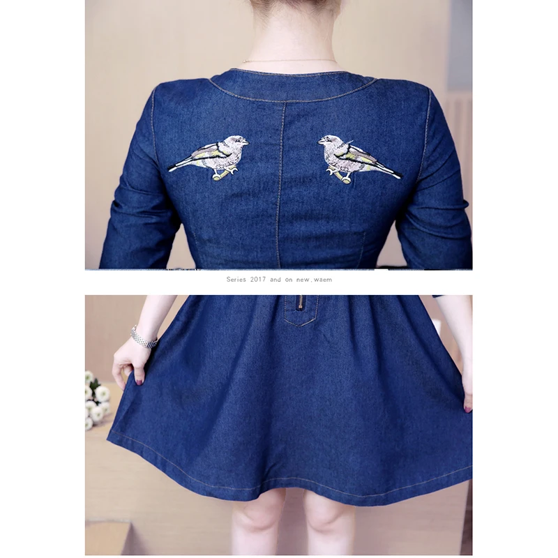 

spring women Denim Dresses women Flower Embroidery Vintage Denim Dress Women Long Sleeve Back Bird Embroidered Dresses Vestidos
