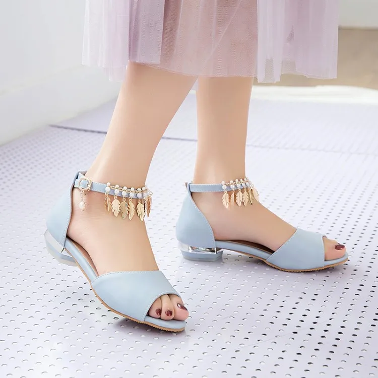 Женские босоножки на высоком каблуке летние милые низком Украшенные бусинами