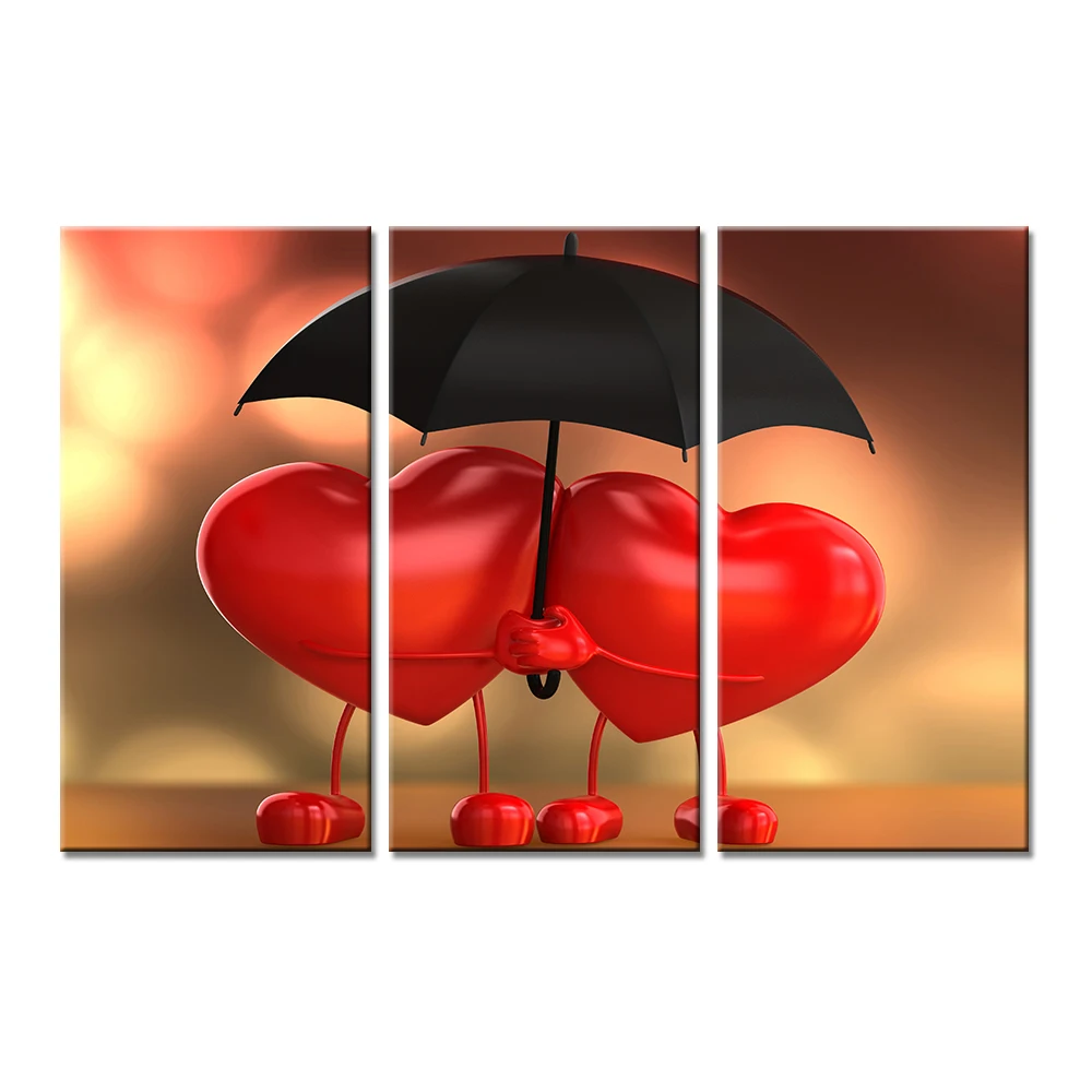 

Drop Shipping 3 Pieces Two Heart Shape Umbrella Canvas Art Print Wall Pictures for Home Decoration Wall Art Decor No Frame