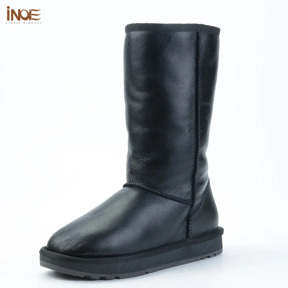 

INOE Real Sheepskin Leather Natural Sheep Fur Wool Lined Men Winter Snow Boots Casual Warm Shoes Waterproof Metal Black Flats