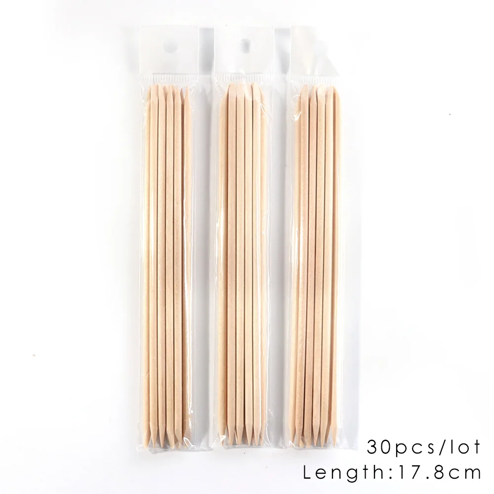 30pcs L Оранжевая деревянная палочка двусторонняя для ногтей дизайн кутикулы толкатель средство для снятия маникюра, педикюра Уход за ногтями Набор инструментов LA709 - Цвет: 30pcs L