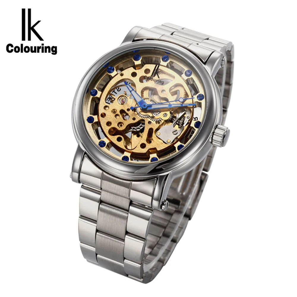 

IK бренд Для Мужчин Скелет Механические наручные часы Роскошные Стразы циферблат Нержавеющая сталь с автоматическим Ветер Мужские часы