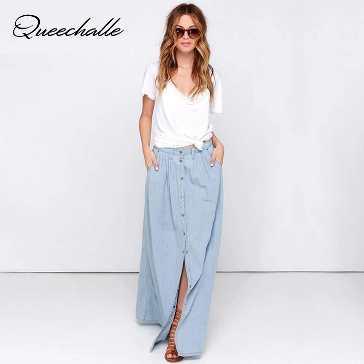 Queechalle весна лето длинная юбка S XXXL Большие размеры женские юбки однотонные синие
