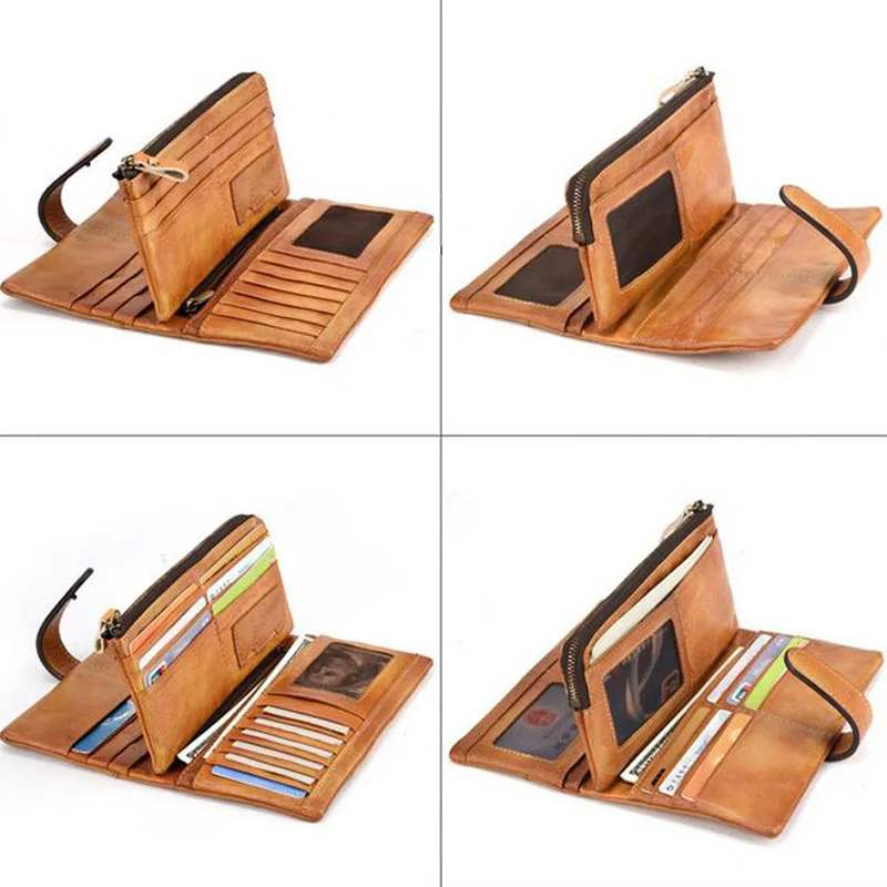 New Men Cowhide Leather Wallets Vintage Walet Male Long Clutch with Coin Purse Pocket Rfid