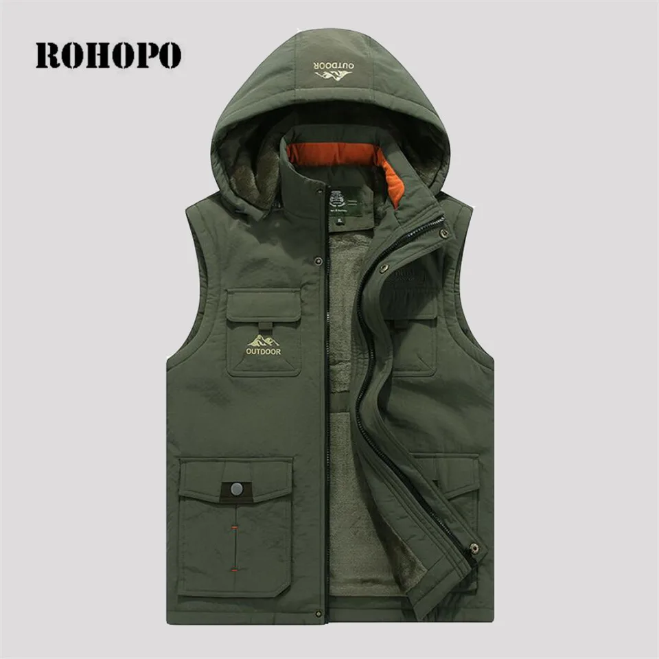 ROHOPO с капюшоном воротник флисовый жилет для мужчин, зимняя теплая Военная спортивная одежда без рукавов теплый пиджак жилет мужской - Цвет: Армейский зеленый