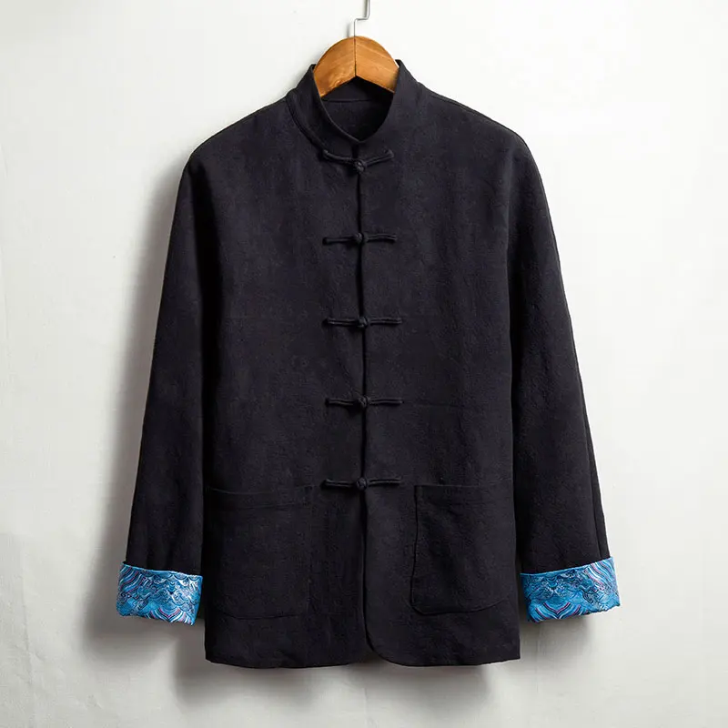 MR-DONOO Chinese style men's cotton and linen jacket middle-aged retro long-sleeved buckle top Hanfu W21 | Мужская одежда