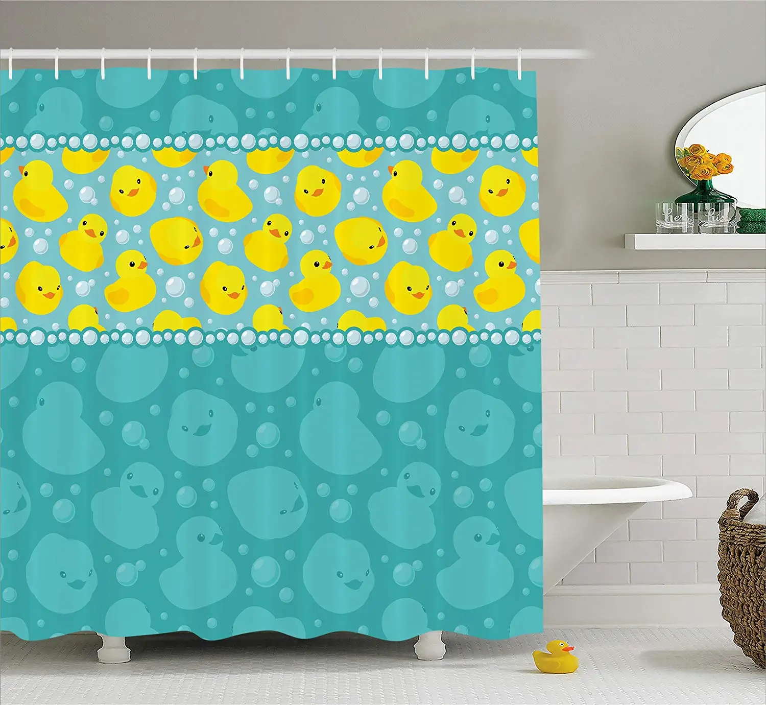 

Rubber Duck Shower Curtain Set Cute Yellow Cartoon Duckies Swimming in Water Pattern Fun Bubbles Aqua Colors Bathroom
